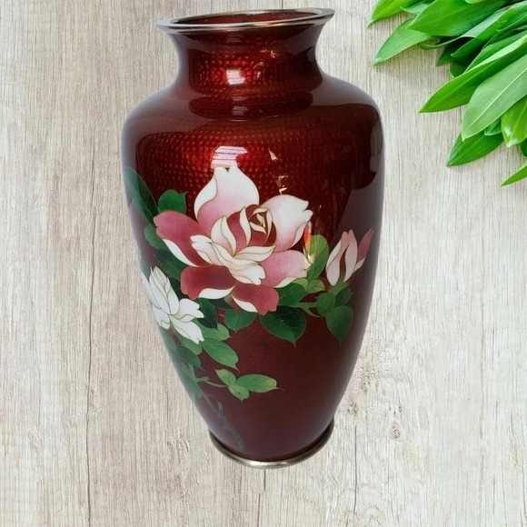 JAPANESE cloisonne vase with crimson rose lovely red - Picture 3 of 10